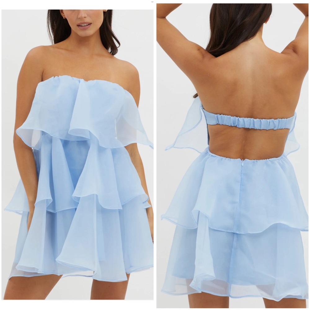 Angel Biba Strapless Layered Ruffle Mini Dress in Light Blue